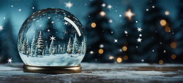 Christmas snow globe with pine trees and cabin on a wood surface banner. generative AI