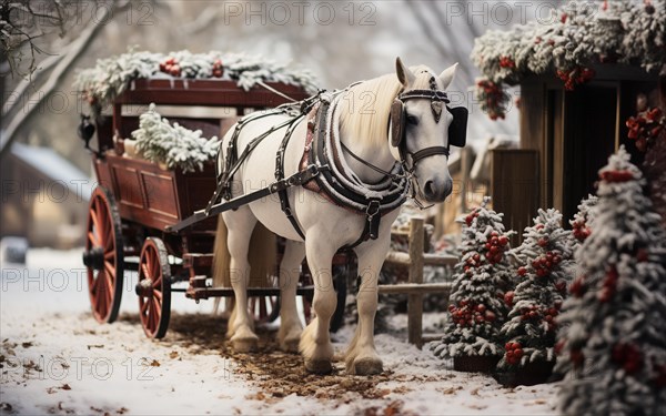 Horse pulling a holiday decorated carriage through the christmas village. generative AI