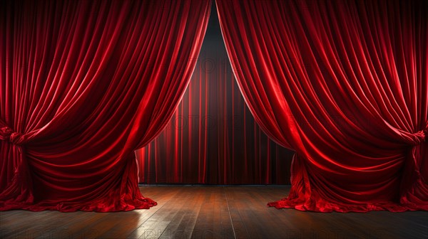 Dramatically lit lustrous red velvet theatre curtains and wooden stage floor. generative AI