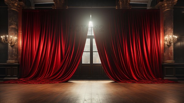 Dramatically lit lustrous red velvet theatre curtains and wooden stage floor. generative AI