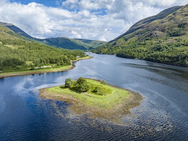 Aerial view of the eastern part of the freshwater loch Loch Leven with a small island