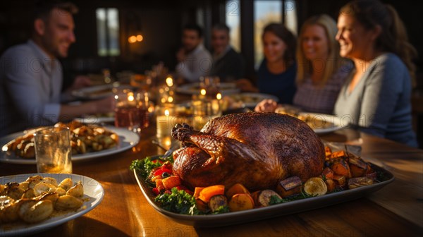 The delicious thanksgiving turkey and all the fixings at the table of family and friends