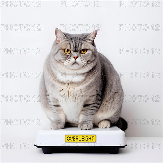 Fat cat with a sad facial expression sitting on a scale with a display showing OVERWEIGHT on it. AI generated