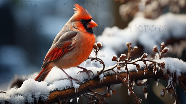 Christmas red cardinal bird on the branch on a wintery snowy day. generative AI