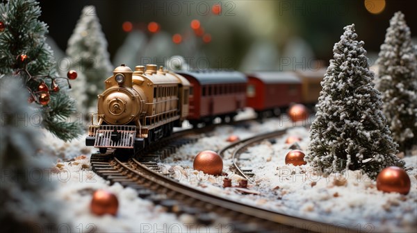 Miniature locamotive train set in A snowy christmas holiday setting. generative AI