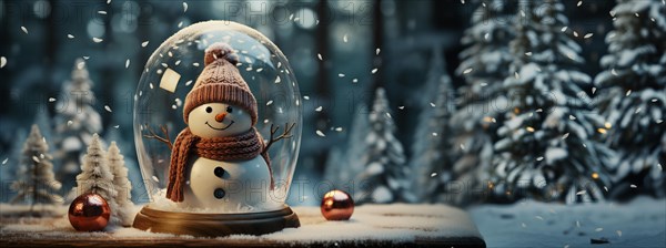 Christmas snow globe with snowman on a wood surface banner. generative AI