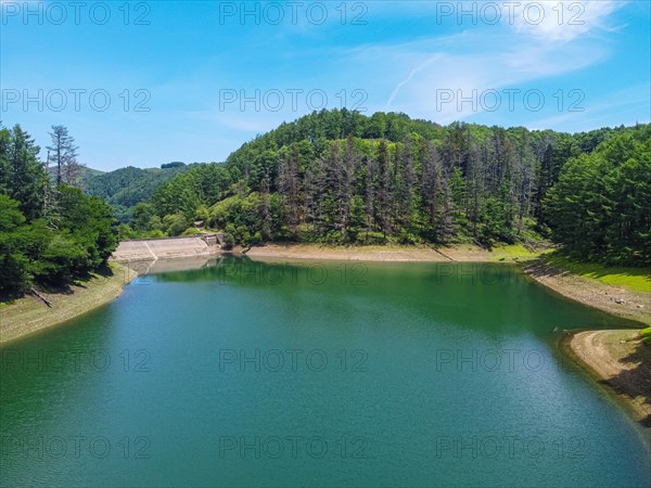 A beautiful lake with pine trees around it and some beautiful beaches. Aerial drone view of the reservoir in summer