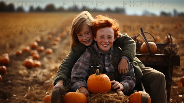 Young boys enjoying a fall gathering on the pumpkin farm with friends