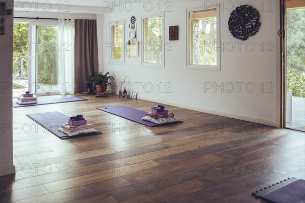 Empty yoga studio interior. Copy space