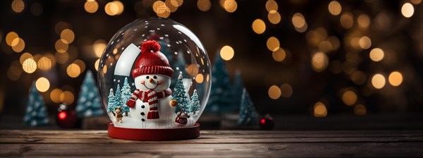 Christmas snow globe with snowman on a wood surface banner. generative AI