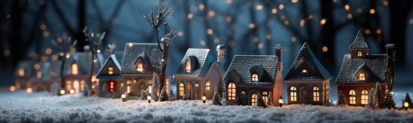 Miniature holiday christmas decorated town and snowy village scene banner. generative AI