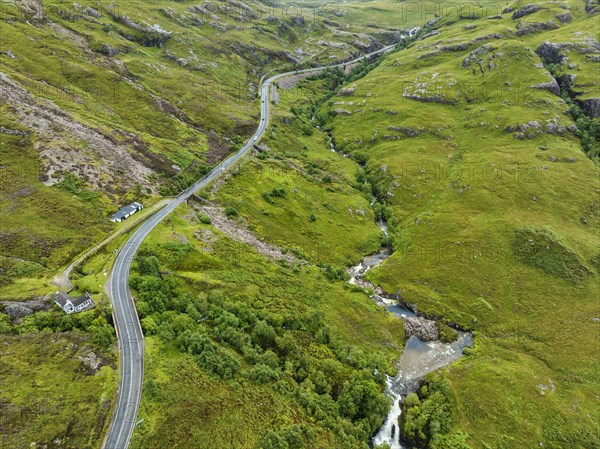 Aerial view of the A82 scenic road through Glen Coe