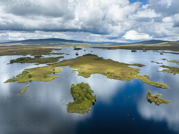 Aerial view of the islands and surrounding peat swamp of Loch Ba