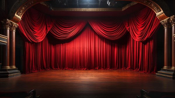 Dramatically lit lustrous red velvet theatre curtains and wooden stage floor. generative AI