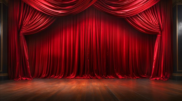 Dramatically lit lustrous red velvet theatre curtains and wooden stage floor. generative AI