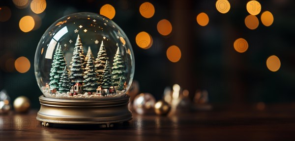 Christmas snow globe with pine trees and cabin on a wood surface banner. generative AI