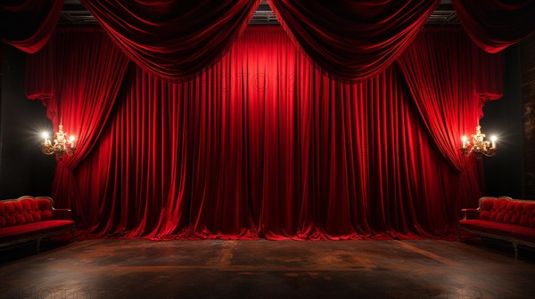 Dramatically lit lustrous red velvet theatre curtains and wooden stage floor. generative AI