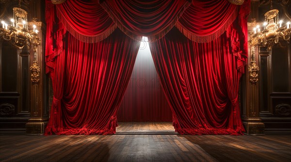 Dramatically lit lustrous red velvet theatre curtains and wooden stage floor. generative AI