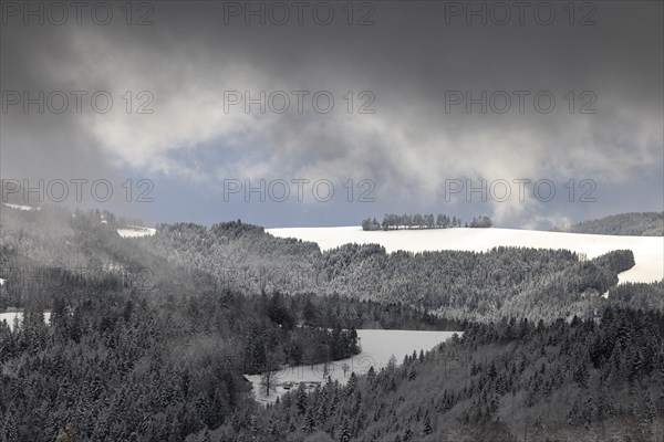 Fresh snow in November with a wonderful view of the Black Forest in a cloudy atmosphere