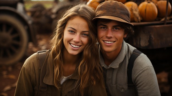 Cute teenaged couple enjoying a fall gathering on the country farm with friends