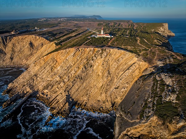 Aerial drone view of lighthouse on Cabo Espichel cape Espichel on Atlantic ocean