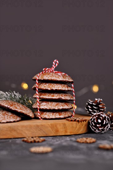 Stacks of traditional German round glazed gingerbread Christmas cookie called 'Lebkuchen' with copy space