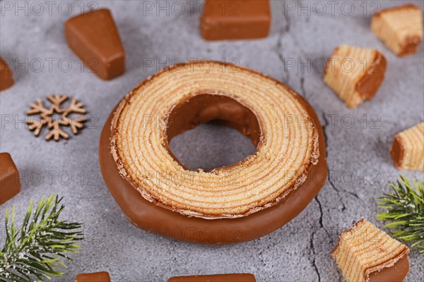 Slice of traditional German layered winter cake called 'Baumkuchen' glazed with chocolate showing thin layers inside of cake surrounded by cake pieces and fir branches