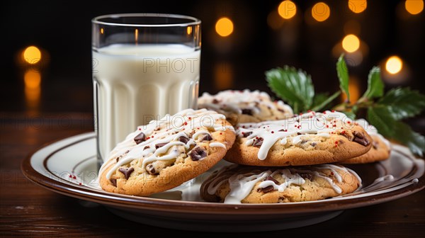 Chocolate chip cookies and milk on a small plate waiting for santa clause amist the decorations on christmas eve. generative AI