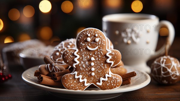 Christmas gingerbread man cookies on a small plate amist the decorations. generative AI