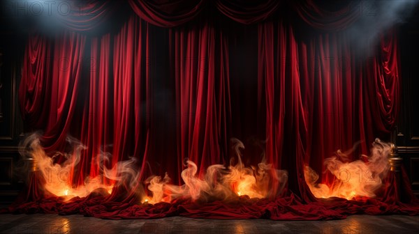 Theatre stage with red velvet curtains on fire. generative AI