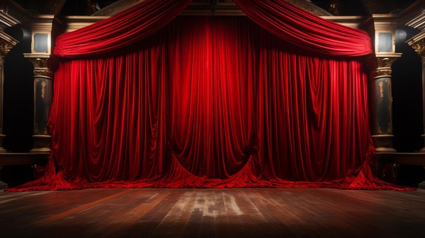 Dramatically lit lustrous red velvet theatre curtains and wooden stage floor. generative AI