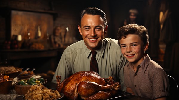 Vintage thanksgiving family portriat at the seasonal dinner table