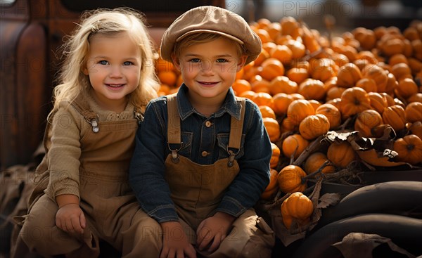 A cute little girl and boy playing amongst the fall pumpkins on the farm