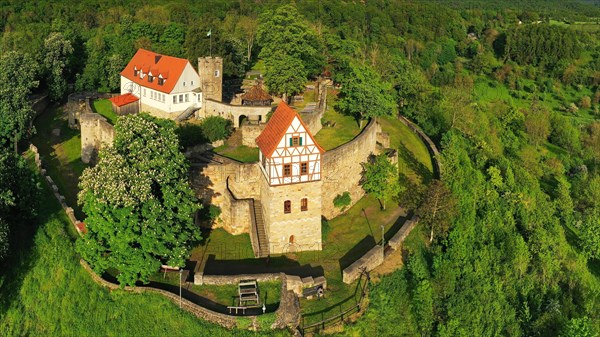 Aerial view of Koenigsberg in Bavaria with a view of Koenigsberg Castle. Koenigsberg in Bavaria