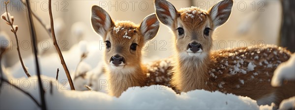 Two adorable fawn deer in the wintery wilderness. generative AI