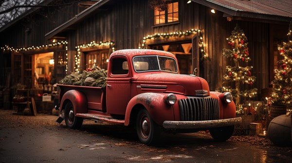 Vintage pick-up truck carrying A christmas tree parked outside festively decorated barn shop. generative AI