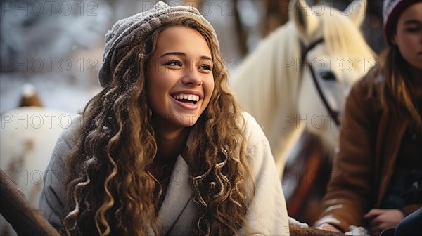 Festive young girl laughing with friends outside in the snow. generative AI