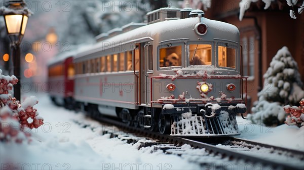 Model miniature troller train set and snowy christmas decorated town setting. generative AI