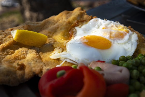 Milanese with fried egg peas ham and bell pepper