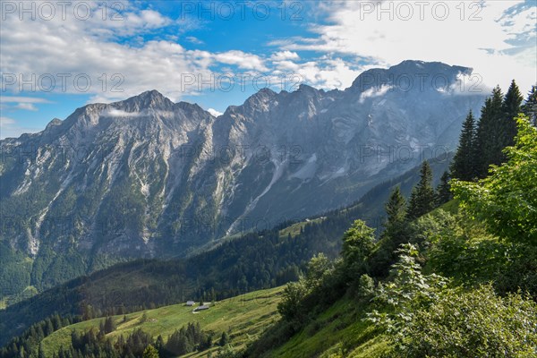 View from the Rossfeld panorama road near Berchtesgaden of the Hohe Goell and the Kuchler Goell