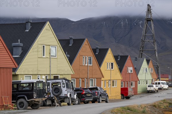 Colourful wooden houses in the settlement of Longyearbyen in autumn