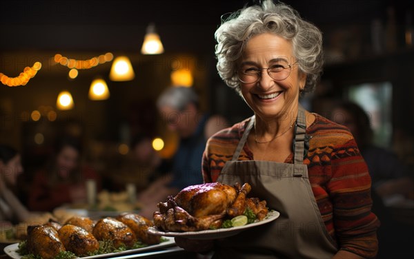 Happy elderly woman wearing her apron fixing her thanksgiving turkey and all the fixings in the kitchen