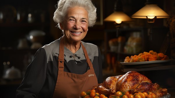 Happy elderly woman wearing her apron fixing her thanksgiving turkey and all the fixings in the kitchen