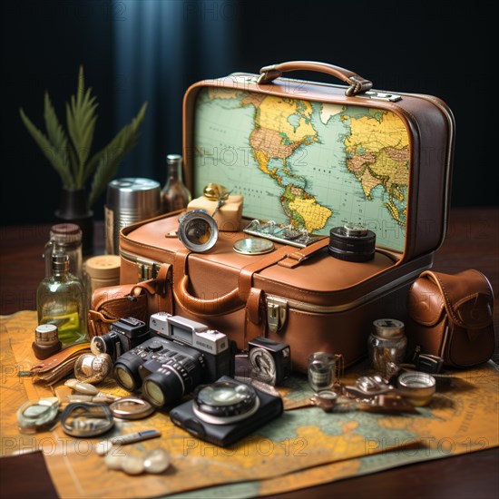 Travel preparation Packed old leather suitcase with photo