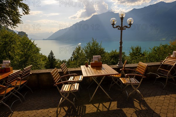 Restaurant Terrace View from The Historical Grandhotel Giessbach with View over Mountain and Lake Brienz with Sunlight in Giessbach