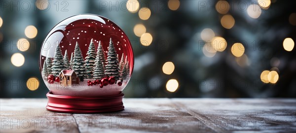 Christmas snow globe with pine trees and cabin on a wood surface banner. generative AI