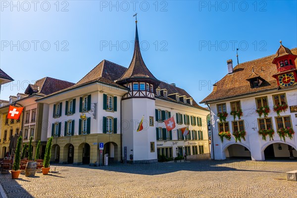 Medieval Town Hall and Hotel in City Square in Old Town of Thun in a Sunny Day in Thun