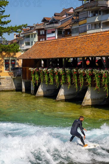 Surfer Surfing the Wave on River Aare in City of Thun from Untere Schleuse Wooden Bridge in a Sunny Summer Day in Thun