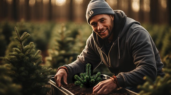Young man working at the christmas tree farm planting new trees during the holiday season. generative AI