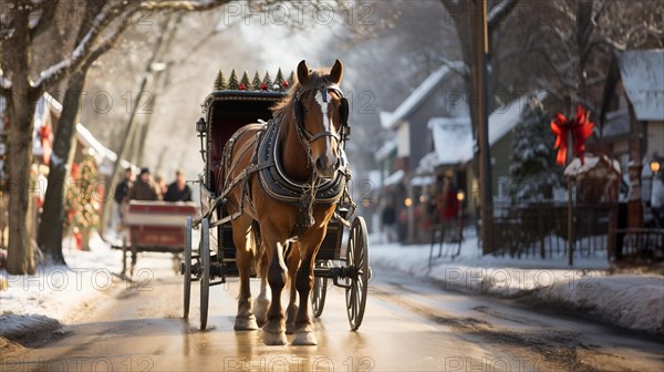 Horse pulling a holiday decorated carriage through the christmas village. generative AI